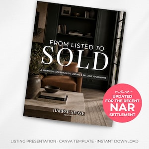 Könnte beinhalten: Eine digitale Vorlage für eine Immobilienpräsentation mit dem Text FROM LISTED TO SOLD A STRATEGIC APPROACH TO LISTING & SELLING YOUR HOME und HARPER STONE REALTORS. Ein rosa kreisförmiges Abzeichen zeigt NEW UPDATED FOR THE RECENT NAR SETTLEMENT.