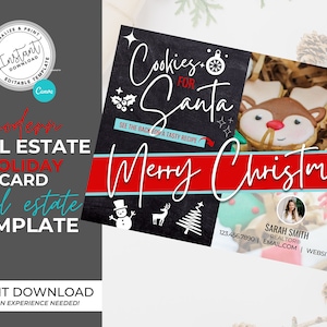 Real Estate Holiday Card, Real Estate Christmas Postcard, Agent Holiday Farming Card, Real estate marketing, Editable, Canva, Cookie, Santa