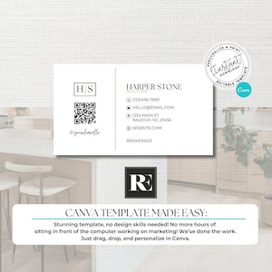 May include: A business card template with the name "Harper Stone Realtors" in a minimalist design. The card includes contact information, a QR code, and the text "CANVA TEMPLATE MADE EASY". A Canva logo is also present.