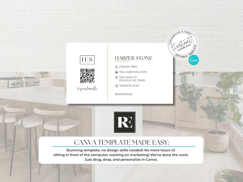 May include: A business card template with the name "Harper Stone Realtors" in a minimalist design. The card includes contact information, a QR code, and the text "CANVA TEMPLATE MADE EASY". A Canva logo is also present.