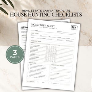 Peut inclure: Un ensemble de trois listes de contrôle pour la recherche de maison sur papier blanc avec du texte et des lignes noirs. La feuille supérieure est intitulée Home Tour Sheet et comprend des sections pour l'adresse, les faits, le score et les notes.