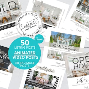 May include: A collage of social media posts for real estate listings. The posts feature photos of homes, text overlays, and contact information for a realtor. The text includes phrases like "Sold", "Just Listed", "Coming Soon", "Open House", and "Under Contract".