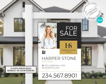 May include: A real estate sign with the words "FOR SALE" in large white letters on a black background. The sign also features a photo of a woman, the Harper Stone Homes logo, and contact information. The sign is hanging in front of a white house.