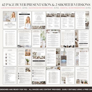 Modern real estate marketing kit in Canva with listing packet, buyer packet, and editable presentation slides.