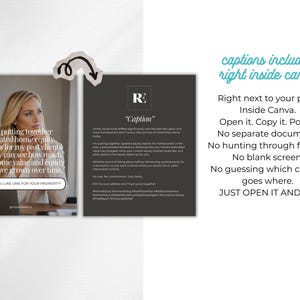 May include: A promotional image with a woman and text. The left side features a woman looking thoughtful, with text about home equity reports. The right side has a dark background with the letter "R" and the word "Caption". Text on the right side promotes using Canva.