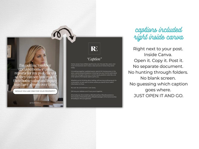 May include: A promotional image with a woman and text. The left side features a woman looking thoughtful, with text about home equity reports. The right side has a dark background with the letter "R" and the word "Caption". Text on the right side promotes using Canva.