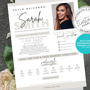 Op de afbeelding: Een lichtgrijze en witte makelaarsmarketingflyer met een foto van een lachende vrouw. De flyer zegt "Hallo buurman!" en "Ik ben ook je buurman." De flyer bevat ook een gratis marktanalyse voor Raleigh, North Carolina.