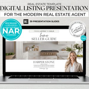 Puede incluir: Un ordenador portátil que muestra una plantilla de presentación de listado inmobiliario digital. La plantilla se titula "Presentación de listado digital para el agente inmobiliario moderno" y presenta una foto de una cocina con gabinetes blancos y una estufa de acero inoxidable. La plantilla también incluye un logotipo para una empresa inmobiliaria llamada "Harper Stone Realtors".