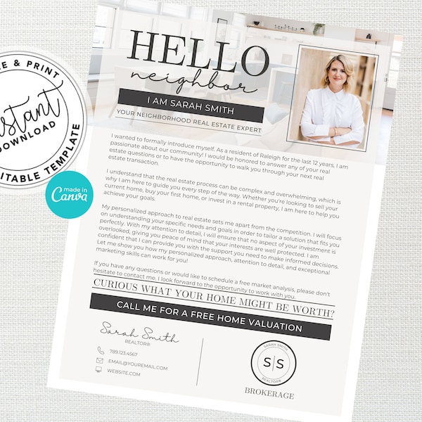 Realtor Introduction Letter Template, Real estate marketing template, Real estate introduction letter template, Realtor marketing, Canva