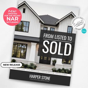 May include: A black and white brochure featuring a photograph of a modern white house with black trim. The text on the brochure reads "From Listed to Sold" and "Harper Stone, Your Local Real Estate Expert".