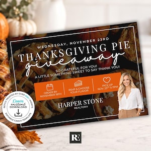 以下が含まれることがあります： 「THANKSGIVING PIE GIVEAWAY」と書かれた長方形のチラシ。暗い背景にパイの画像、注文と受け取りのアイコンがあるオレンジ色のセクション、そしてハーパー・ストーンという人物の写真が配置されています。