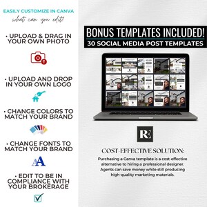 May include: A digital marketing template set for Canva featuring 30 social media post templates displayed on a laptop screen. The graphic includes text detailing customization options like uploading photos, logos, and changing colors, fonts, and branding.