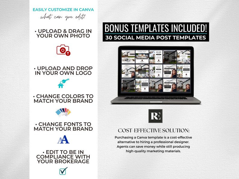 May include: A digital marketing template set for Canva featuring 30 social media post templates displayed on a laptop screen. The graphic includes text detailing customization options like uploading photos, logos, and changing colors, fonts, and branding.