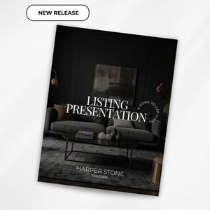 Könnte beinhalten: Dunkles Bild eines "Listing Presentation"-Leitfadens für Makler. Der Leitfaden zeigt eine Wohnzimmerszene mit Sofa, Couchtisch und Kunstwerken. Der Text "New Release" befindet sich in einem weißen Oval oben.