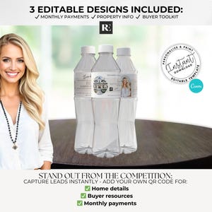 May include: Three clear plastic water bottles with labels, standing on a dark brown surface. The labels feature text and images. The image also includes text that says "3 Editable Designs Included" and "Stand out from the competition". A woman is in the background.