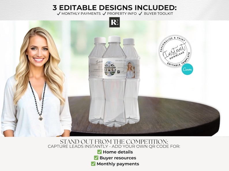 May include: Three clear plastic water bottles with labels, standing on a dark brown surface. The labels feature text and images. The image also includes text that says "3 Editable Designs Included" and "Stand out from the competition". A woman is in the background.