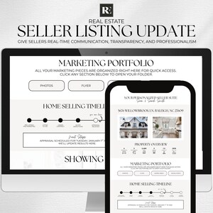Op de afbeelding: Een computermonitor en een smartphone tonen een update van de verkoperslijst van onroerend goed. Het scherm toont een marketingportfolio met foto's, een flyer en een tijdlijn voor de verkoop van woningen. De telefoon toont een overzicht van de woning.