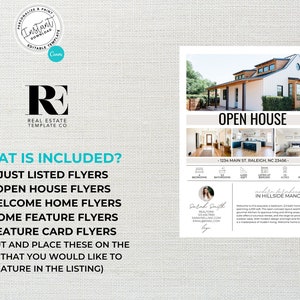May include: A real estate flyer template with a white farmhouse exterior and interior photos. The flyer includes the address, square footage, number of bedrooms and bathrooms, and a description of the home. The text "Open House" is at the top of the flyer.