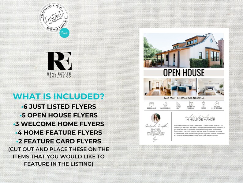 May include: A real estate flyer template with a white farmhouse exterior and interior photos. The flyer includes the address, square footage, number of bedrooms and bathrooms, and a description of the home. The text "Open House" is at the top of the flyer.