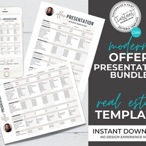 May include: A modern real estate offer presentation bundle template. The image shows a smartphone displaying a presentation, along with printed documents. The text includes "Offer Presentation" and "Instant Download". The template is designed for real estate professionals.