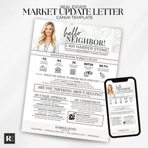 May include: A real estate market update letter template with the text "Hello Neighbour! I am Harper Stone." The document includes statistics on active listings, sold listings, days on the market, average sale price, and list-to-sale price ratio. A smartphone displays the same information.