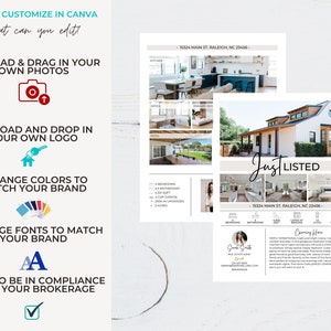May include: A customizable real estate listing template with a white background and a photo of a house. The template includes a photo of the house, a description of the property, and contact information for the real estate agent. The text "Just Listed" is in a large font at the top of the template. The template is designed to be easily edited in Canva.