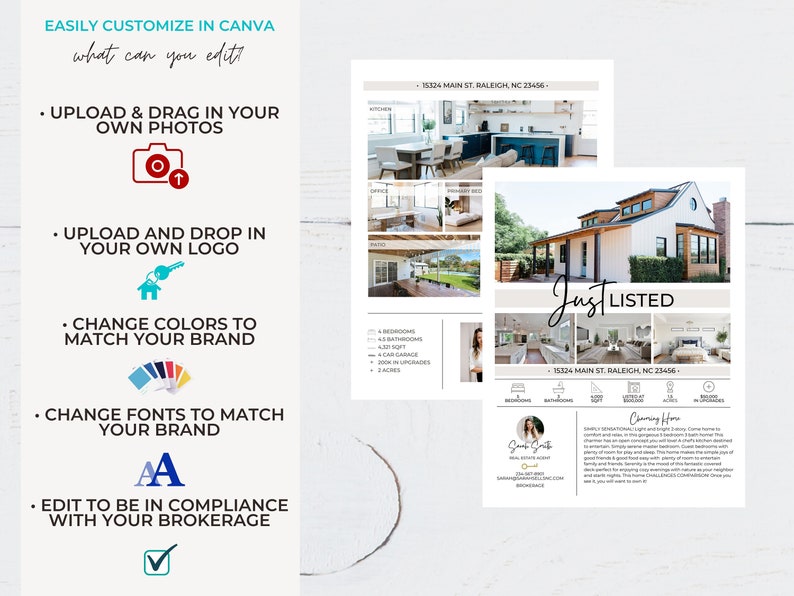 May include: A customizable real estate listing template with a white background and a photo of a house. The template includes a photo of the house, a description of the property, and contact information for the real estate agent. The text "Just Listed" is in a large font at the top of the template. The template is designed to be easily edited in Canva.