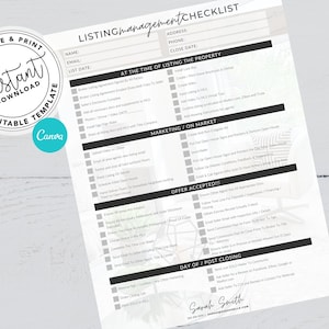 Real Estate Listing Management Checklist, Listing to Close Checklist, Real Estate Marketing, Real Estate Checklist, Real Estate Template