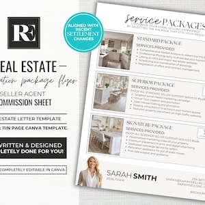 May include: A real estate commission sheet flyer with a black and white letter R logo. The flyer is titled "Real Estate Compensation Package Flyer" and includes three service packages: Standard, Superior, and Signature. Each package lists the services provided and the commission percentage. The flyer also includes a prewritten and designed real estate letter template and is easily editable in Canva.