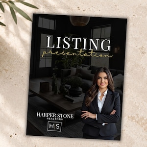 May include: A rectangular listing presentation document featuring a dark interior living room background, a person in a black blazer with arms crossed, and the text "LISTING presentation" in white and gold, plus "HARPER STONE REALTOR" and "HS" logo.
