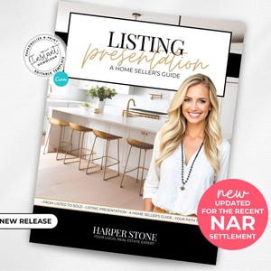 Peut inclure: Un guide noir et blanc intitulé "Listing Presentation: A Home Seller's Guide" avec une photo d'une femme en chemise blanche et une cuisine en arrière-plan. Le guide est intitulé "Nouvelle sortie" et "Nouvelle mise à jour pour le récent règlement NAR".