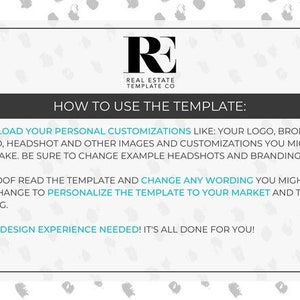 Puede incluir: Gr&aacute;fico en blanco y gris con el logotipo de Real Estate Template Co. e instrucciones sobre c&oacute;mo usar la plantilla. Las instrucciones incluyen la carga de personalizaciones personales, la revisi&oacute;n y que no se necesita experiencia en dise&ntilde;o.