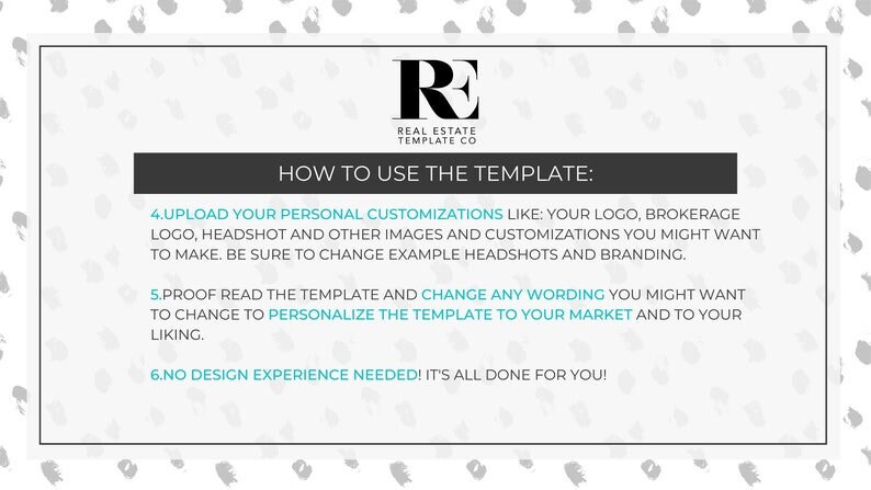 Puede incluir: Gr&aacute;fico en blanco y gris con el logotipo de Real Estate Template Co. e instrucciones sobre c&oacute;mo usar la plantilla. Las instrucciones incluyen la carga de personalizaciones personales, la revisi&oacute;n y que no se necesita experiencia en dise&ntilde;o.