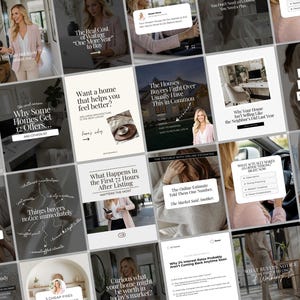 May include: A collage of social media posts with text about real estate, featuring a woman in a pink blazer. Topics include home buying, selling, and market trends. The posts have a clean, modern design.