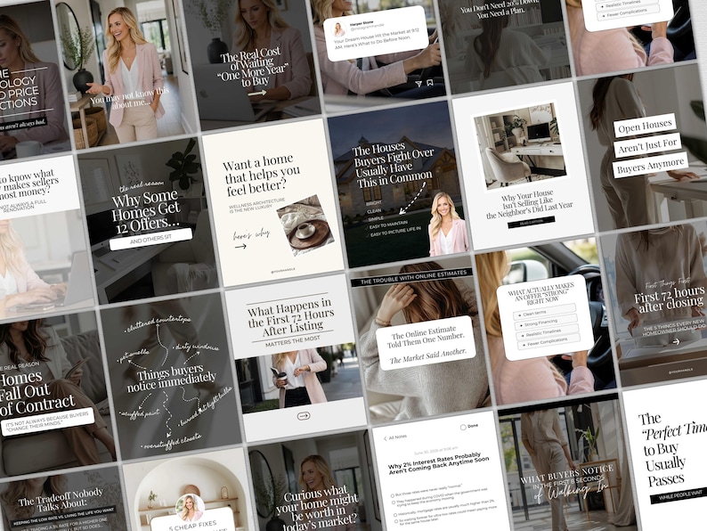 May include: A collage of social media posts with text about real estate, featuring a woman in a pink blazer. Topics include home buying, selling, and market trends. The posts have a clean, modern design.