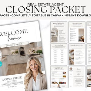 以下が含まれることがあります： 不動産のお客様向けのウェルカムホームクロージングパッケージ。このパッケージには、次のステップ、ユーティリティプロバイダー、地元のベンダー、毎月のメンテナンス、家の改善、家の装飾のアイデアに関する18ページの情報が含まれています。このパッケージはCanvaで完全に編集可能で、すぐにダウンロードできます。