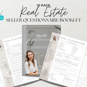 May include: A 10-page real estate seller questionnaire booklet in a grey and white colour scheme. The booklet includes questions about the home's information, preferences, and additional features. The cover features a photo of a woman with the text "Seller Questionnaire" in a handwritten font.