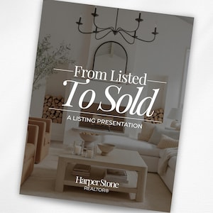 Puede incluir: Una presentación de listado titulada "From Listed To Sold" con un tema de diseño de interiores moderno. La imagen presenta una sala de estar con un sofá blanco, una mesa de centro y una chimenea. El logotipo de Harper Stone Realtors está en la parte inferior.