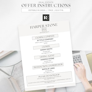 May include: A white document titled "Offer Instructions" for real estate, with the Harper Stone logo. The document includes contact information for a closing company, closer, listing agent, and transaction coordinator. The document is 8.5 x 11 inches.