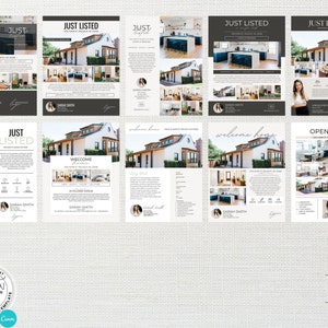 May include: A set of eight real estate listing templates in a modern design with a black and white color scheme. The templates feature a variety of photos of a house, including the exterior, interior, and kitchen. The templates also include text that says "Just Listed", "Welcome Home", and "Open House".