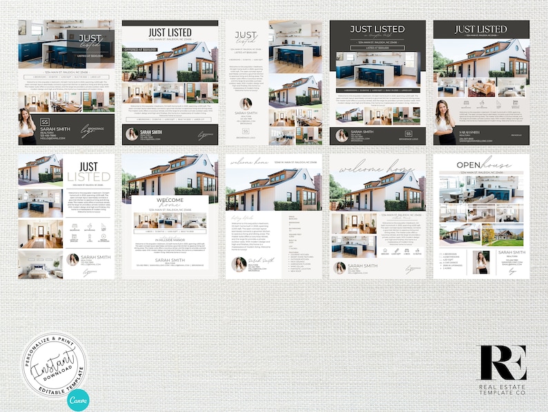 May include: A set of eight real estate listing templates in a modern design with a black and white color scheme. The templates feature a variety of photos of a house, including the exterior, interior, and kitchen. The templates also include text that says "Just Listed", "Welcome Home", and "Open House".