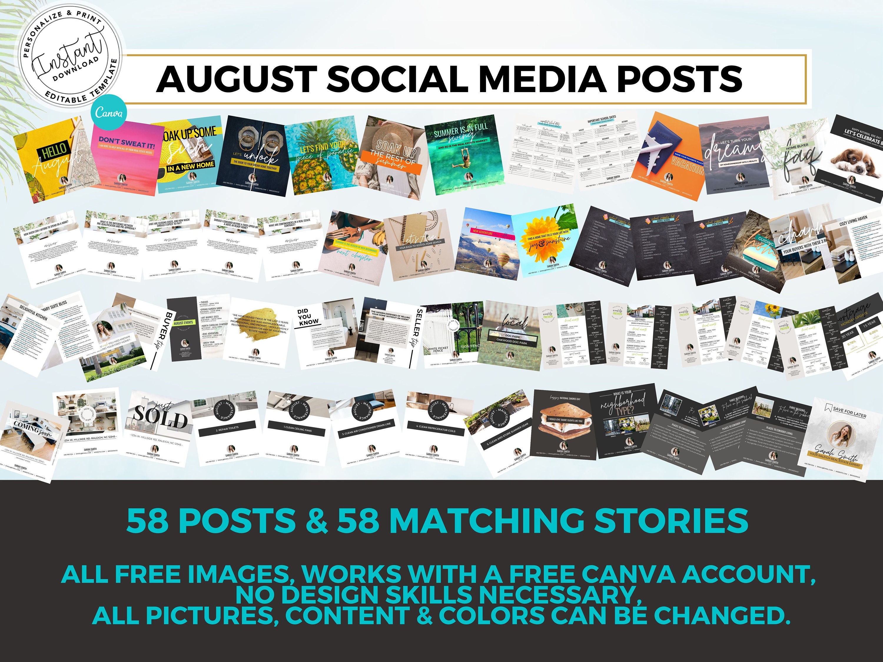 Real Estate August Social Media Posts: Canva Templates (116 Posts) - Etsy