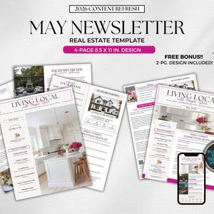 May include: A real estate template titled "May Newsletter" with the text "Real Estate Template" and "4-page 21.6 x 27.9 cm design." The design includes a bonus 2-page design. A smartphone displays an email template version.