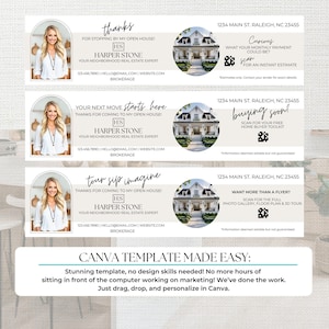 May include: A Canva template design featuring three horizontal banners with a real estate theme. Each banner includes a photo of a woman, a house illustration, and text. The text includes phrases like "thanks" and "buying soon".