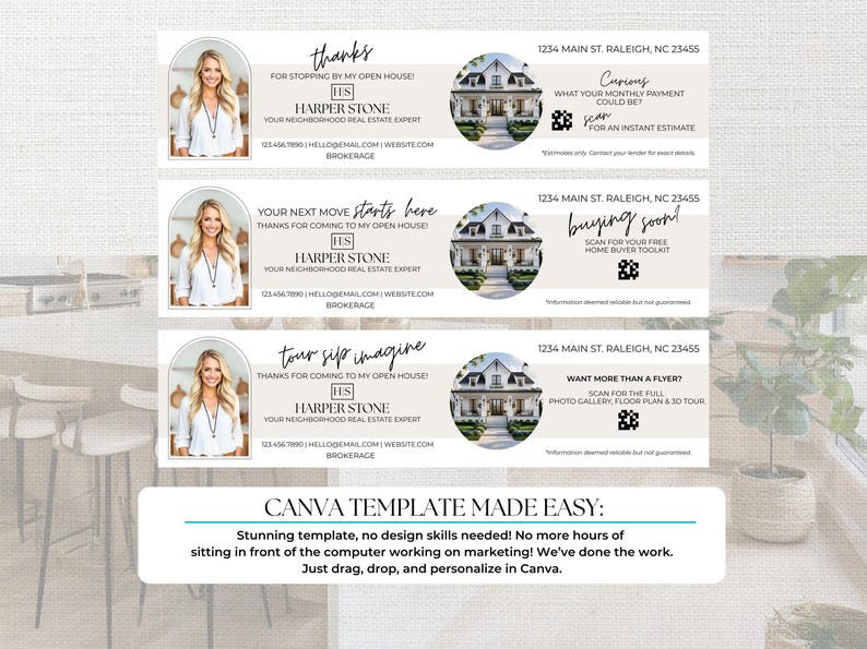 May include: A Canva template design featuring three horizontal banners with a real estate theme. Each banner includes a photo of a woman, a house illustration, and text. The text includes phrases like "thanks" and "buying soon".