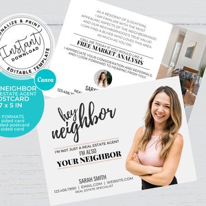 Real Estate Postcards, Pink Real estate Agent Hey Neighbor Card, Agent Farming Card, Agent postcard, Real estate marketing, Canva template