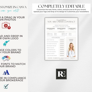 May include: A customizable real estate contract template with the text "YOU ARE UNDER CONTRACT". The template includes sections for purchase price, escrow deposit, and closing date. The design is easily editable in Canva.