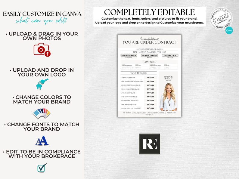 May include: A customizable real estate contract template with the text "YOU ARE UNDER CONTRACT". The template includes sections for purchase price, escrow deposit, and closing date. The design is easily editable in Canva.