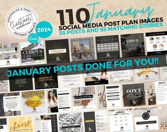 May include: A collage of images promoting a social media post plan for real estate agents. The images feature a variety of topics, including new year resolutions, market predictions, and home staging tips. The text on the image reads "110 January Social Media Post Plan Images 55 Posts and 55 Matching Stories January Posts Done For You!!"