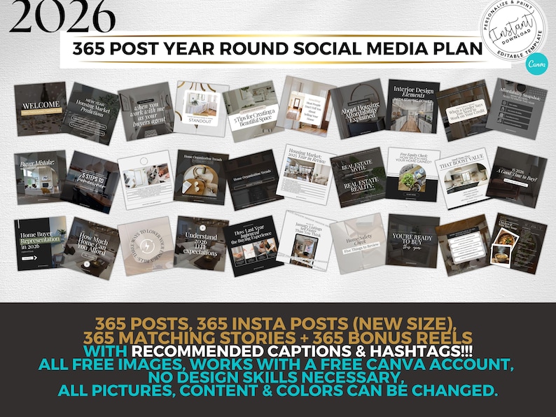 2026 Year Long Real Estate Social Media Canva Templates, 365 Post ...